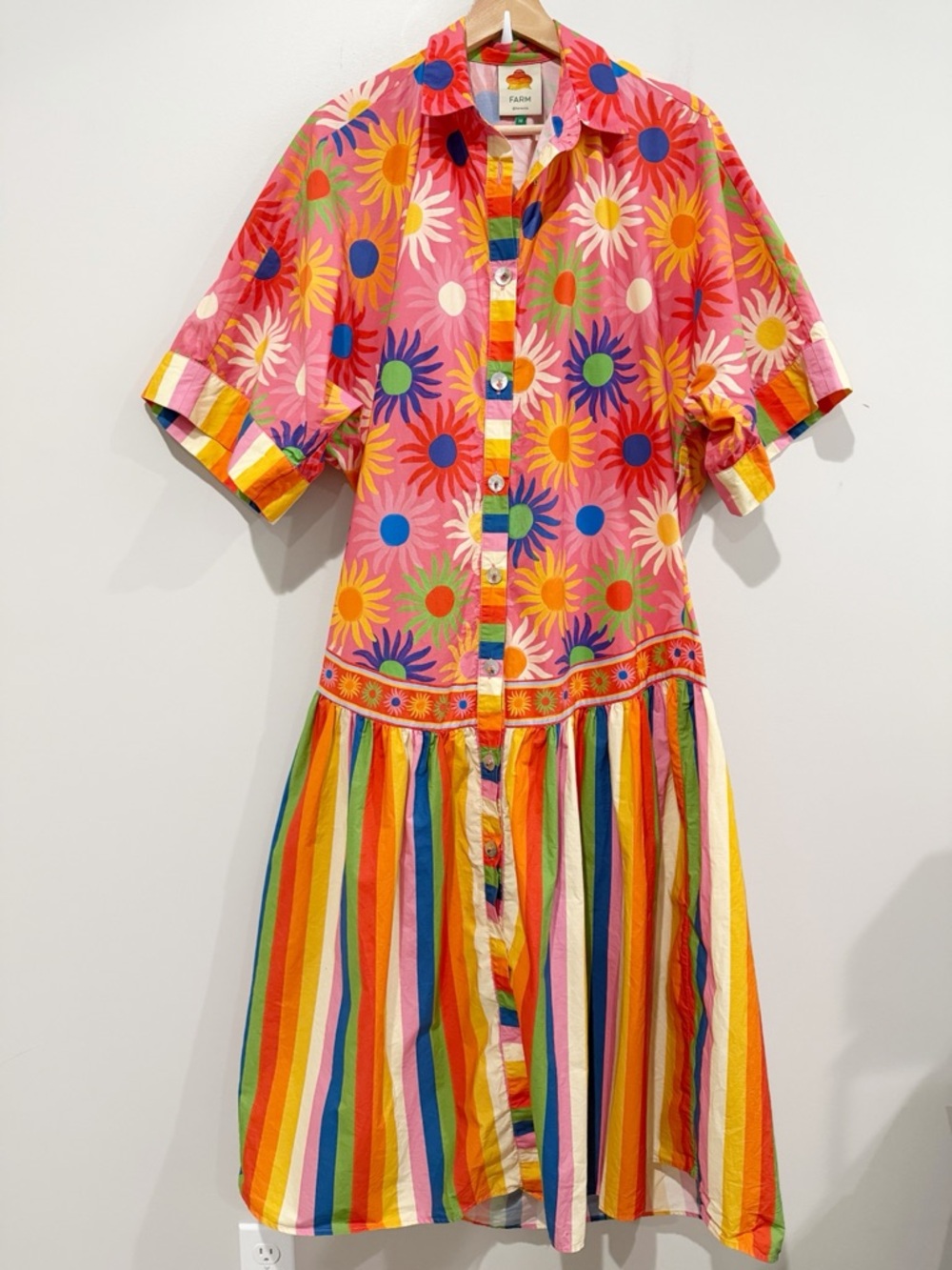 FARM RIO Graphic Macaws Mixed Midi Dress Orange Missing Belt Size Medium - Picture 2 of 12